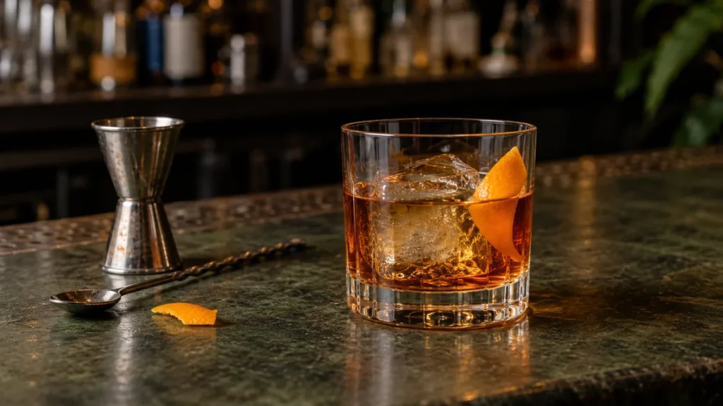 Old Fashioned with orange peel.