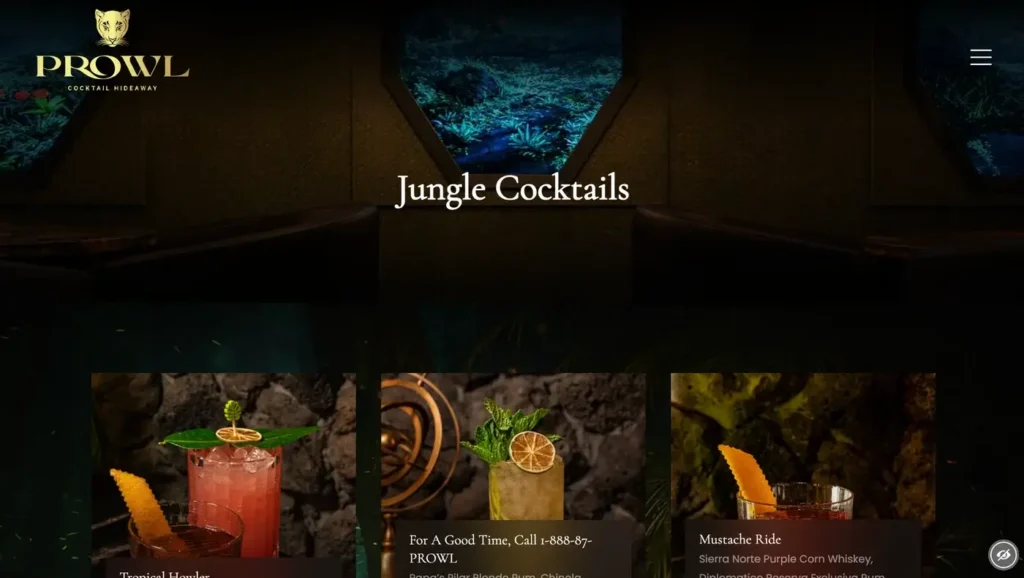 PROWL jungle cocktails page showing themed booths and tropical drinks with citrus garnishes.