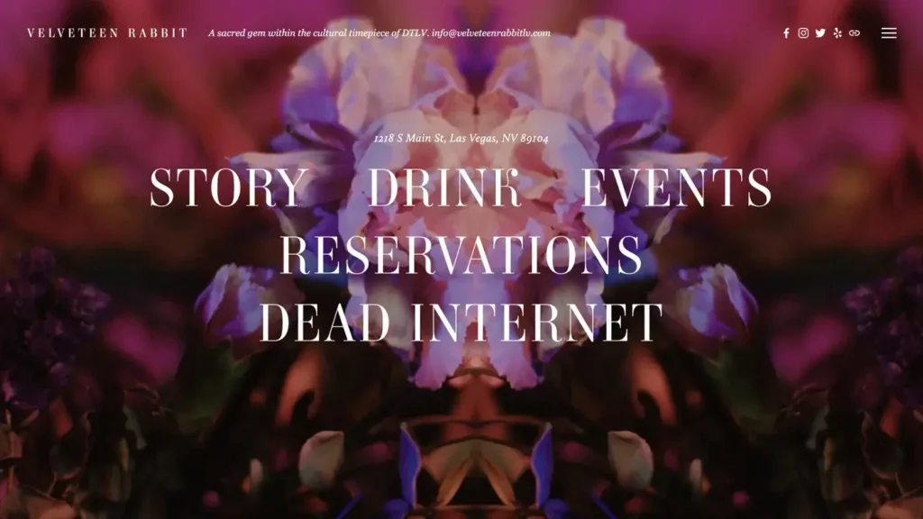 Velveteen Rabbit website with a floral background and links to drinks, events, and reservations.